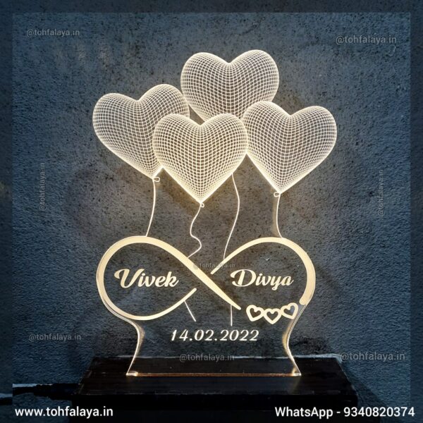 4 Heart 3D Engraved Illusion Name With Date Table Top Lamp